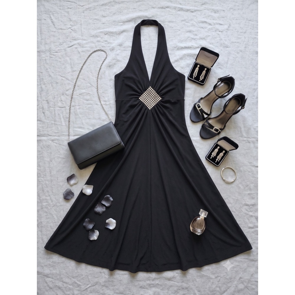 Taboo Halter Dress Womens Black Excellent Rhinestone Cocktail Midi